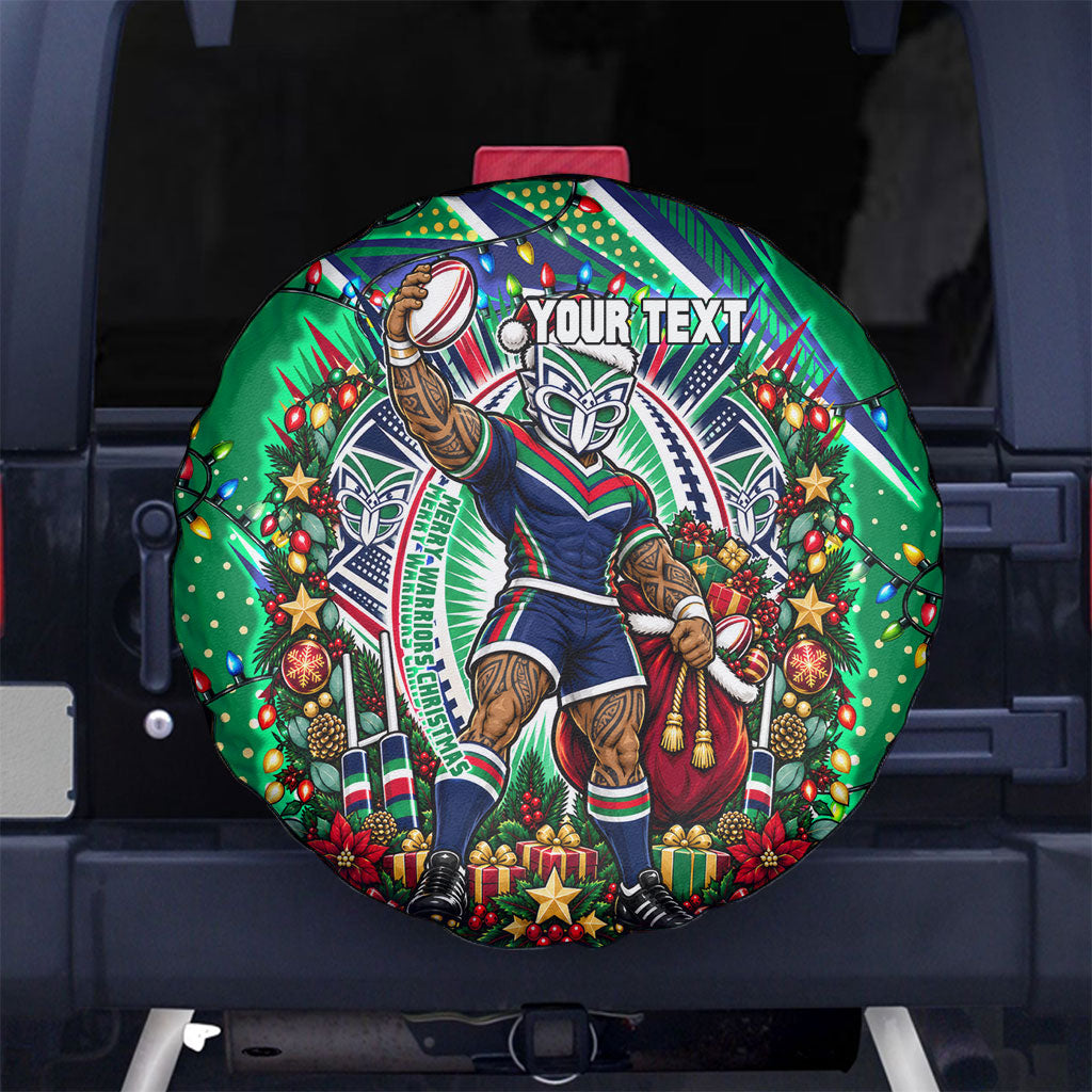 Personalized New Zealand Warriors Rugby Christmas Spare Tire Cover Holiday Mascot Graphic Art Festive Lights Bow