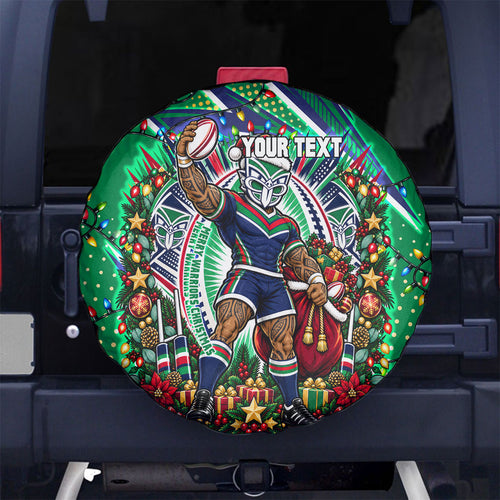 Personalized New Zealand Warriors Rugby Christmas Spare Tire Cover Holiday Mascot Graphic Art Festive Lights Bow