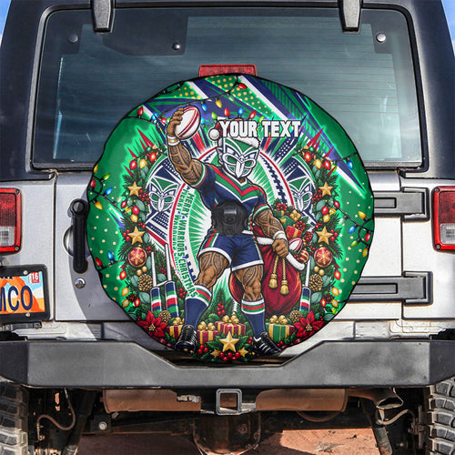 Personalized New Zealand Warriors Rugby Christmas Spare Tire Cover Holiday Mascot Graphic Art Festive Lights Bow