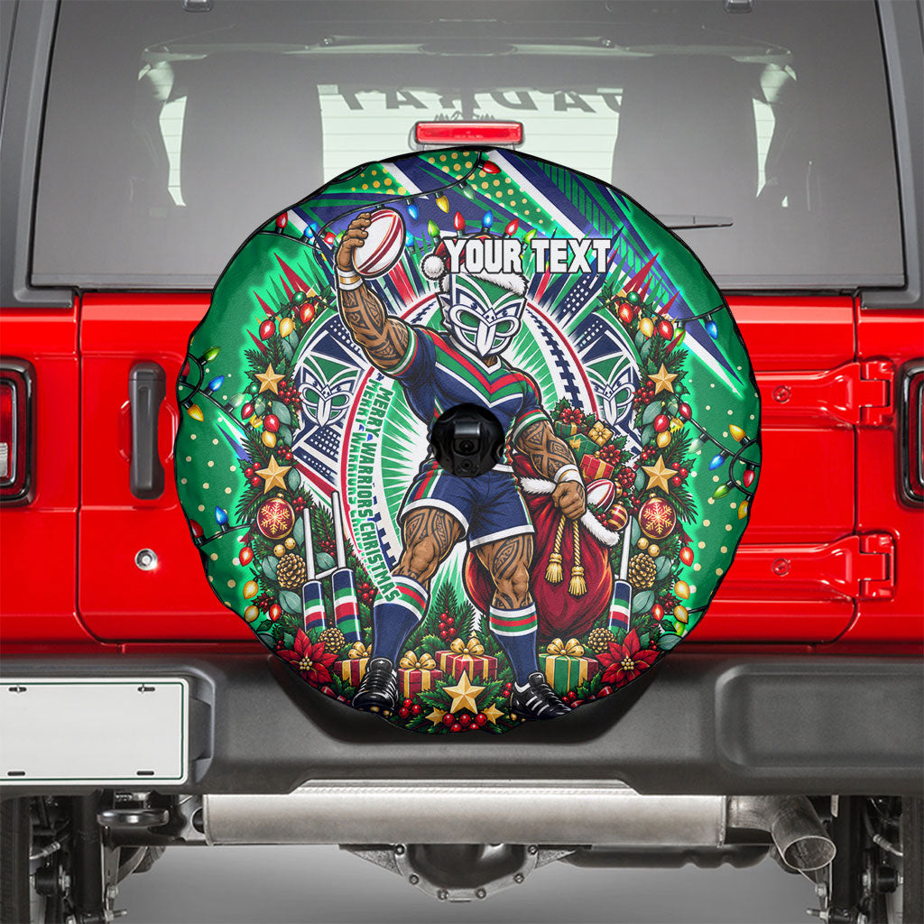 Personalized New Zealand Warriors Rugby Christmas Spare Tire Cover Holiday Mascot Graphic Art Festive Lights Bow