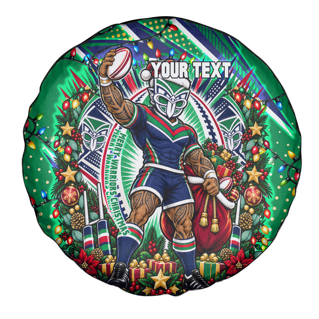 Personalized New Zealand Warriors Rugby Christmas Spare Tire Cover Holiday Mascot Graphic Art Festive Lights Bow
