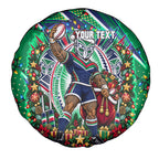 Personalized New Zealand Warriors Rugby Christmas Spare Tire Cover Holiday Mascot Graphic Art Festive Lights Bow