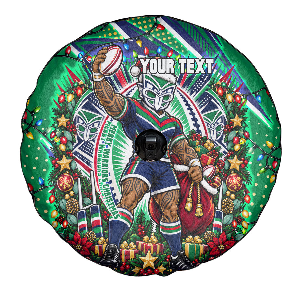 Personalized New Zealand Warriors Rugby Christmas Spare Tire Cover Holiday Mascot Graphic Art Festive Lights Bow