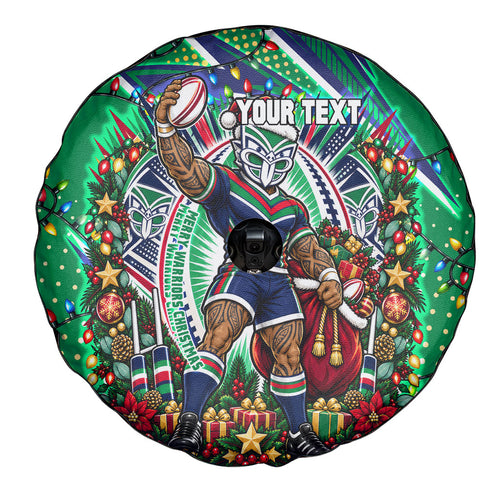 Personalized New Zealand Warriors Rugby Christmas Spare Tire Cover Holiday Mascot Graphic Art Festive Lights Bow