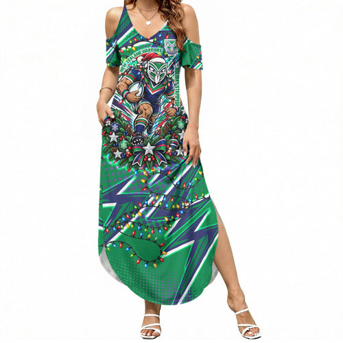 Personalized New Zealand Warriors Rugby Christmas Summer Maxi Dress Holiday Mascot Graphic Art Festive Lights Bow