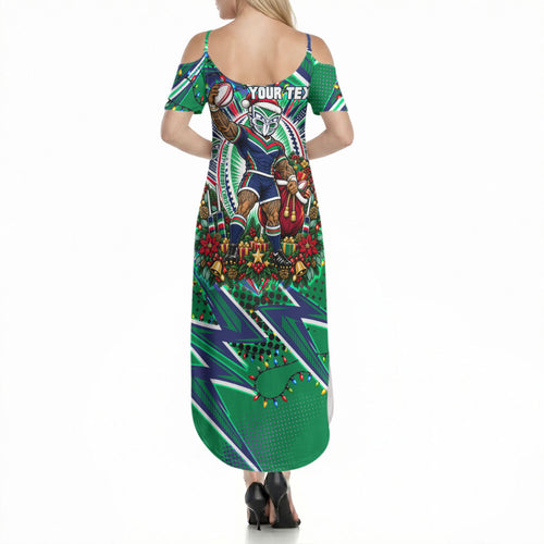 Personalized New Zealand Warriors Rugby Christmas Summer Maxi Dress Holiday Mascot Graphic Art Festive Lights Bow