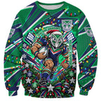 Personalized New Zealand Warriors Rugby Christmas Sweatshirt Holiday Mascot Graphic Art Festive Lights Bow