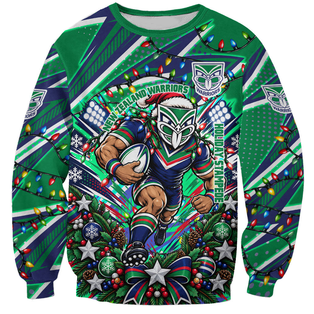Personalized New Zealand Warriors Rugby Christmas Sweatshirt Holiday Mascot Graphic Art Festive Lights Bow