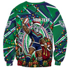 Personalized New Zealand Warriors Rugby Christmas Sweatshirt Holiday Mascot Graphic Art Festive Lights Bow