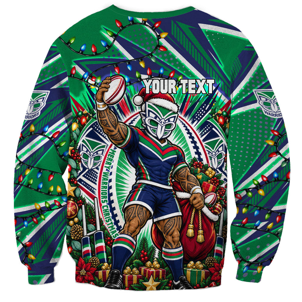 Personalized New Zealand Warriors Rugby Christmas Sweatshirt Holiday Mascot Graphic Art Festive Lights Bow