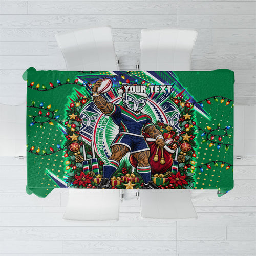 Personalized New Zealand Warriors Rugby Christmas Tablecloth Holiday Mascot Graphic Art Festive Lights Bow