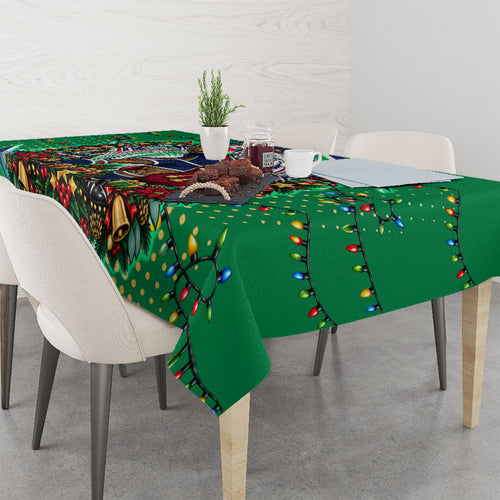 Personalized New Zealand Warriors Rugby Christmas Tablecloth Holiday Mascot Graphic Art Festive Lights Bow