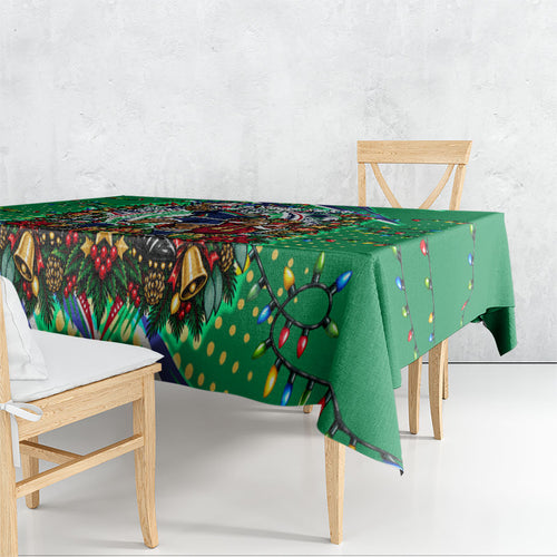 Personalized New Zealand Warriors Rugby Christmas Tablecloth Holiday Mascot Graphic Art Festive Lights Bow