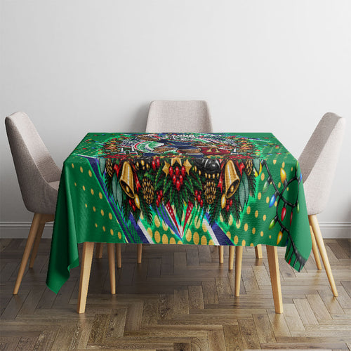 Personalized New Zealand Warriors Rugby Christmas Tablecloth Holiday Mascot Graphic Art Festive Lights Bow