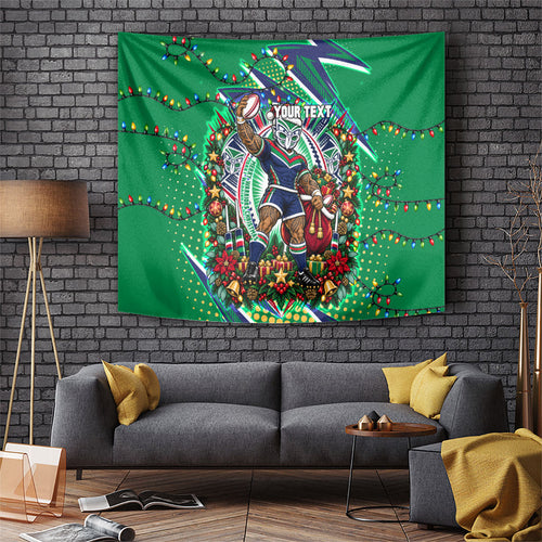 Personalized New Zealand Warriors Rugby Christmas Tapestry Holiday Mascot Graphic Art Festive Lights Bow