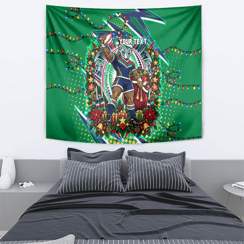 Personalized New Zealand Warriors Rugby Christmas Tapestry Holiday Mascot Graphic Art Festive Lights Bow