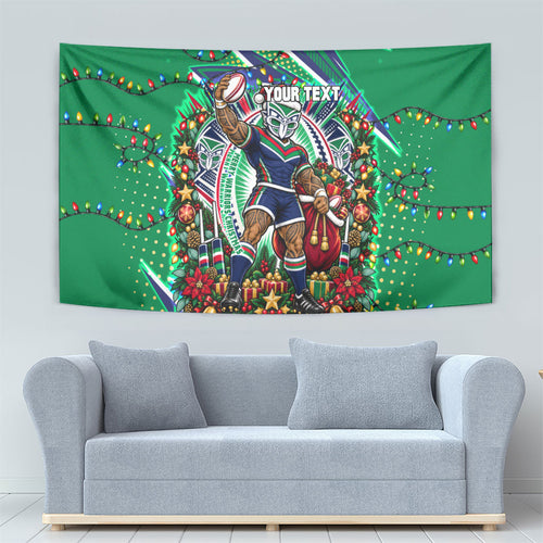 Personalized New Zealand Warriors Rugby Christmas Tapestry Holiday Mascot Graphic Art Festive Lights Bow