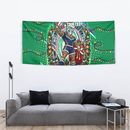Personalized New Zealand Warriors Rugby Christmas Tapestry Holiday Mascot Graphic Art Festive Lights Bow