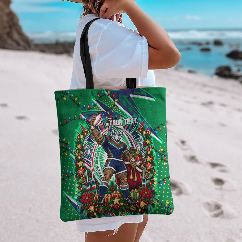 Personalized New Zealand Warriors Rugby Christmas Tote Bag Holiday Mascot Graphic Art Festive Lights Bow