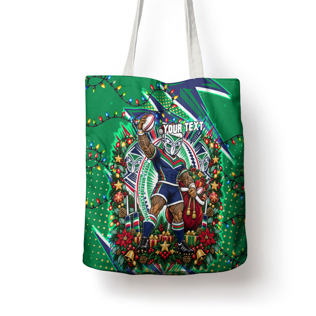 Personalized New Zealand Warriors Rugby Christmas Tote Bag Holiday Mascot Graphic Art Festive Lights Bow