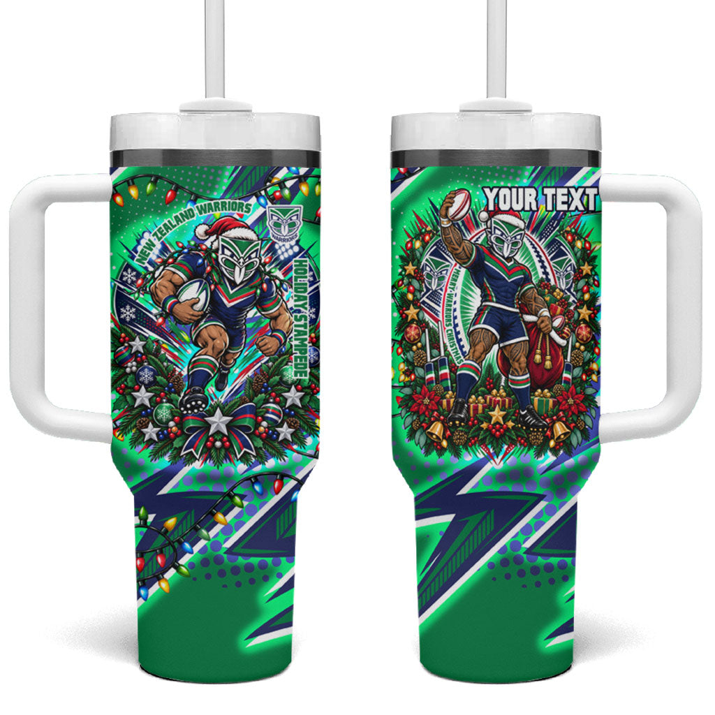 Personalized New Zealand Warriors Rugby Christmas Tumbler With Handle Holiday Mascot Graphic Art Festive Lights Bow