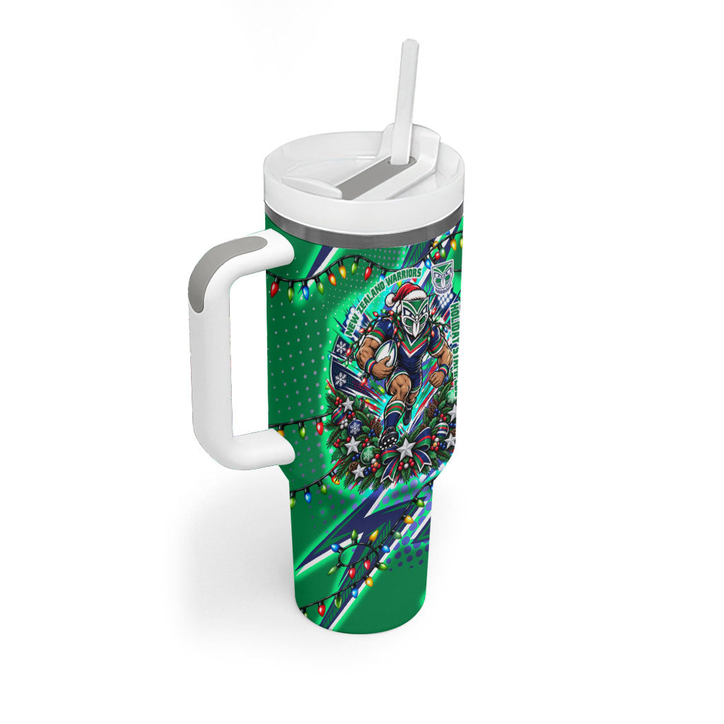 Personalized New Zealand Warriors Rugby Christmas Tumbler With Handle Holiday Mascot Graphic Art Festive Lights Bow