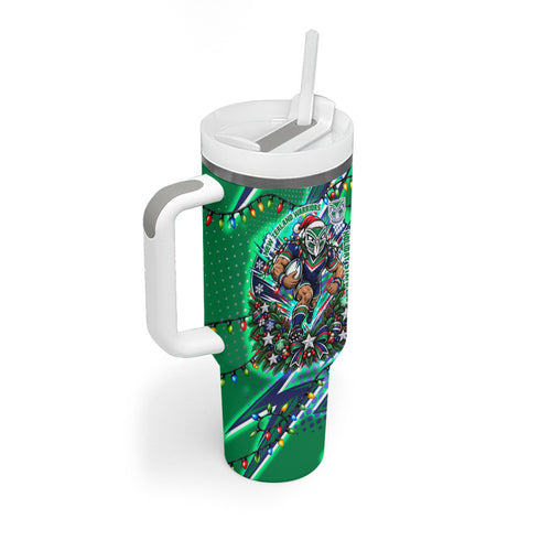 Personalized New Zealand Warriors Rugby Christmas Tumbler With Handle Holiday Mascot Graphic Art Festive Lights Bow
