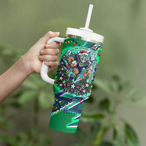 Personalized New Zealand Warriors Rugby Christmas Tumbler With Handle Holiday Mascot Graphic Art Festive Lights Bow