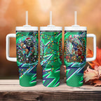 Personalized New Zealand Warriors Rugby Christmas Tumbler With Handle Holiday Mascot Graphic Art Festive Lights Bow