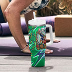 Personalized New Zealand Warriors Rugby Christmas Tumbler With Handle Holiday Mascot Graphic Art Festive Lights Bow