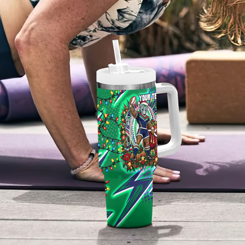 Personalized New Zealand Warriors Rugby Christmas Tumbler With Handle Holiday Mascot Graphic Art Festive Lights Bow