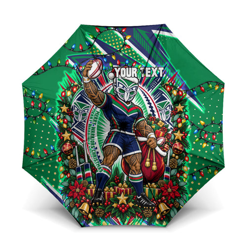 Personalized New Zealand Warriors Rugby Christmas Umbrella Holiday Mascot Graphic Art Festive Lights Bow