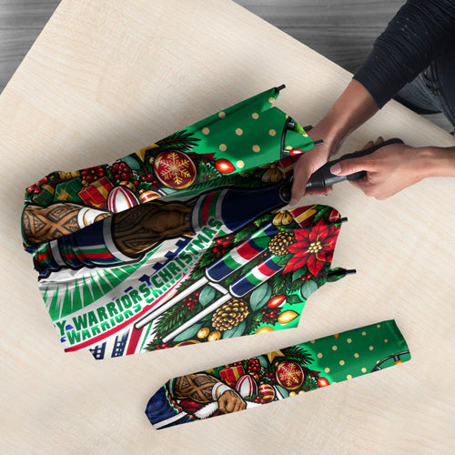 Personalized New Zealand Warriors Rugby Christmas Umbrella Holiday Mascot Graphic Art Festive Lights Bow