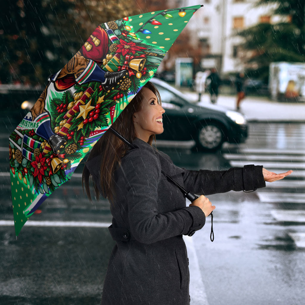Personalized New Zealand Warriors Rugby Christmas Umbrella Holiday Mascot Graphic Art Festive Lights Bow
