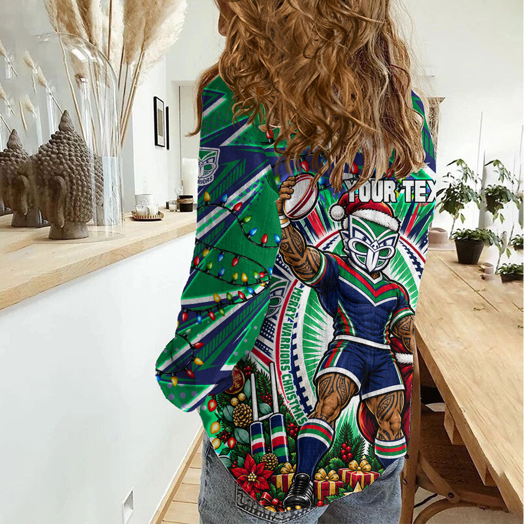 Personalized New Zealand Warriors Rugby Christmas Women Casual Shirt Holiday Mascot Graphic Art Festive Lights Bow
