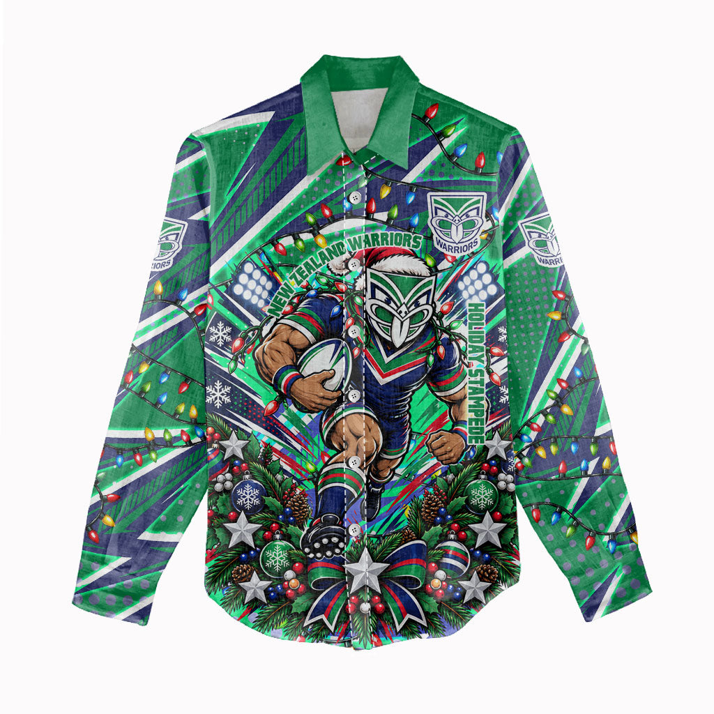Personalized New Zealand Warriors Rugby Christmas Women Casual Shirt Holiday Mascot Graphic Art Festive Lights Bow