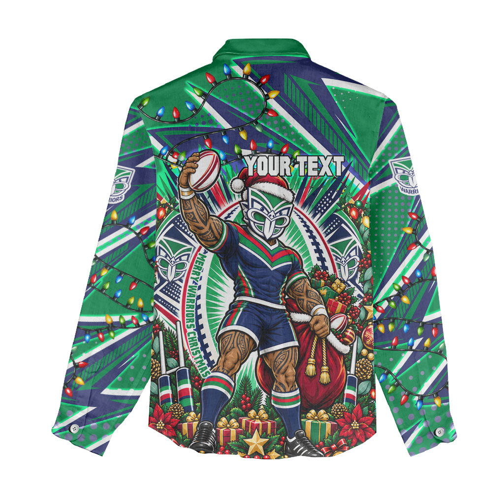 Personalized New Zealand Warriors Rugby Christmas Women Casual Shirt Holiday Mascot Graphic Art Festive Lights Bow