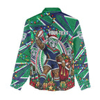 Personalized New Zealand Warriors Rugby Christmas Women Casual Shirt Holiday Mascot Graphic Art Festive Lights Bow