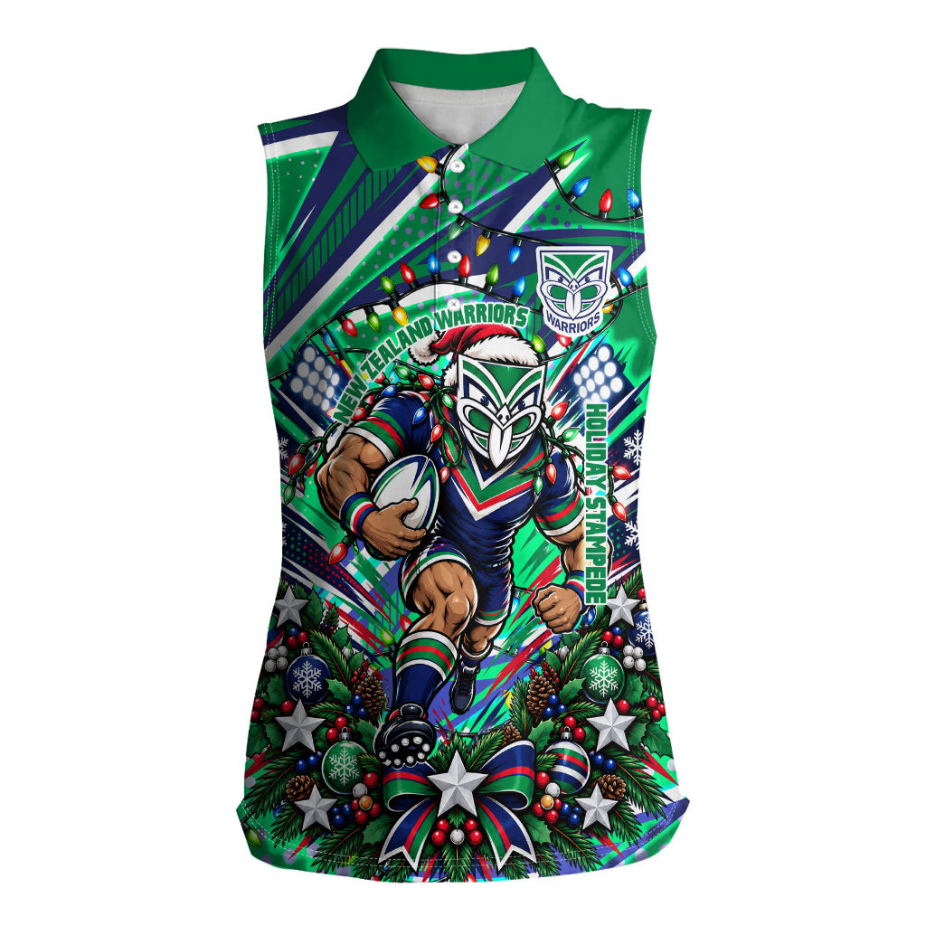 Personalized New Zealand Warriors Rugby Christmas Women Sleeveless Polo Shirt Holiday Mascot Graphic Art Festive Lights Bow