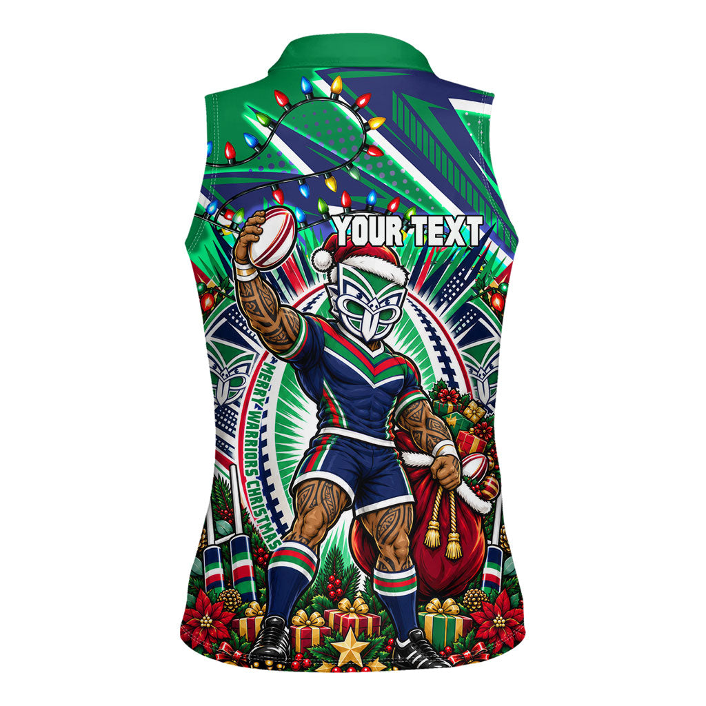Personalized New Zealand Warriors Rugby Christmas Women Sleeveless Polo Shirt Holiday Mascot Graphic Art Festive Lights Bow