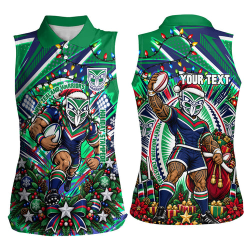 Personalized New Zealand Warriors Rugby Christmas Women Sleeveless Polo Shirt Holiday Mascot Graphic Art Festive Lights Bow