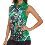 Personalized New Zealand Warriors Rugby Christmas Women Sleeveless Polo Shirt Holiday Mascot Graphic Art Festive Lights Bow