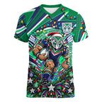 Personalized New Zealand Warriors Rugby Christmas Women V-Neck T-Shirt Holiday Mascot Graphic Art Festive Lights Bow