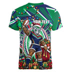 Personalized New Zealand Warriors Rugby Christmas Women V-Neck T-Shirt Holiday Mascot Graphic Art Festive Lights Bow