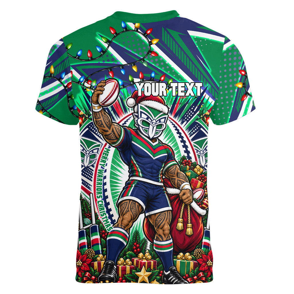 Personalized New Zealand Warriors Rugby Christmas Women V-Neck T-Shirt Holiday Mascot Graphic Art Festive Lights Bow