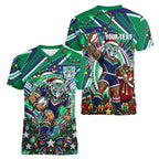 Personalized New Zealand Warriors Rugby Christmas Women V-Neck T-Shirt Holiday Mascot Graphic Art Festive Lights Bow