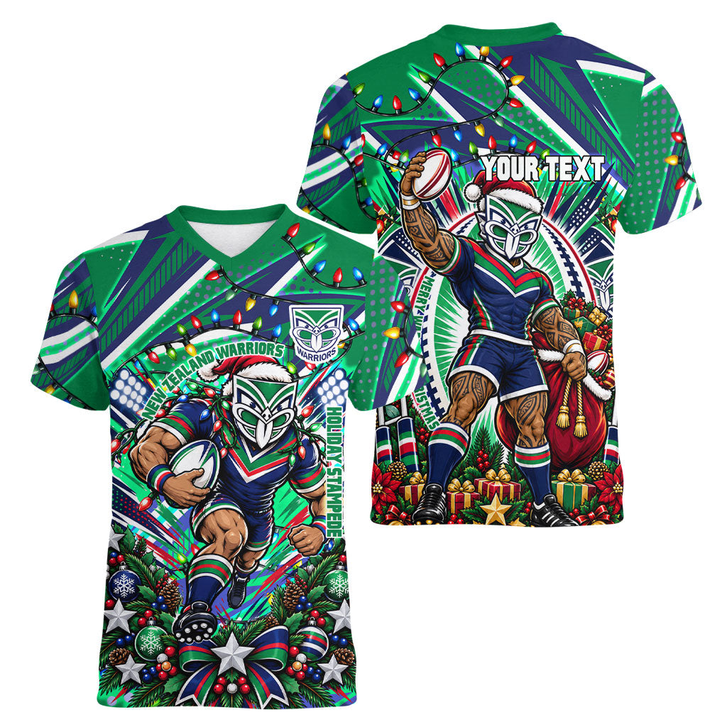Personalized New Zealand Warriors Rugby Christmas Women V-Neck T-Shirt Holiday Mascot Graphic Art Festive Lights Bow