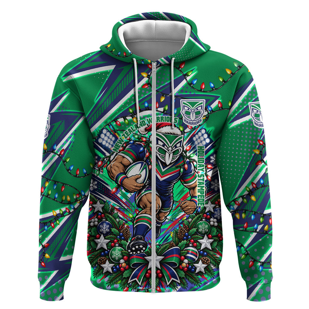 Personalized New Zealand Warriors Rugby Christmas Zip Hoodie Holiday Mascot Graphic Art Festive Lights Bow