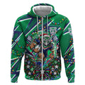 Personalized New Zealand Warriors Rugby Christmas Zip Hoodie Holiday Mascot Graphic Art Festive Lights Bow