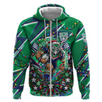 Personalized New Zealand Warriors Rugby Christmas Zip Hoodie Holiday Mascot Graphic Art Festive Lights Bow